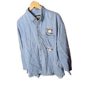 Vintage Copa Banana Embroidered Denim Button Down Snowman Winter Christmas XL